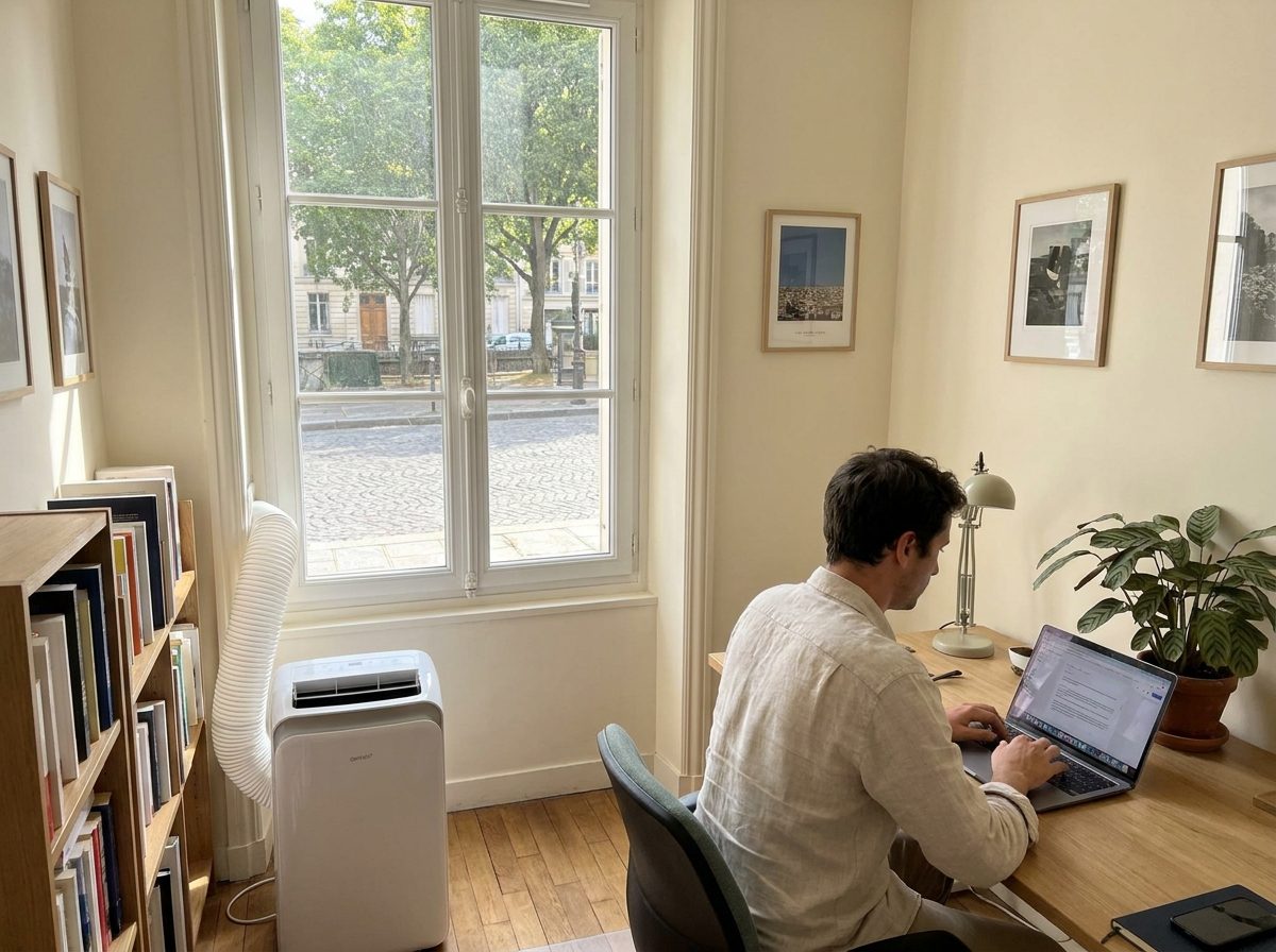 Petit bureau de 20 m² rafraîchi par un climatiseur mobile compact