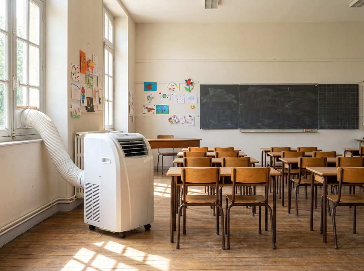 Salle de classe équipée d'un climatiseur mobile grande puissance