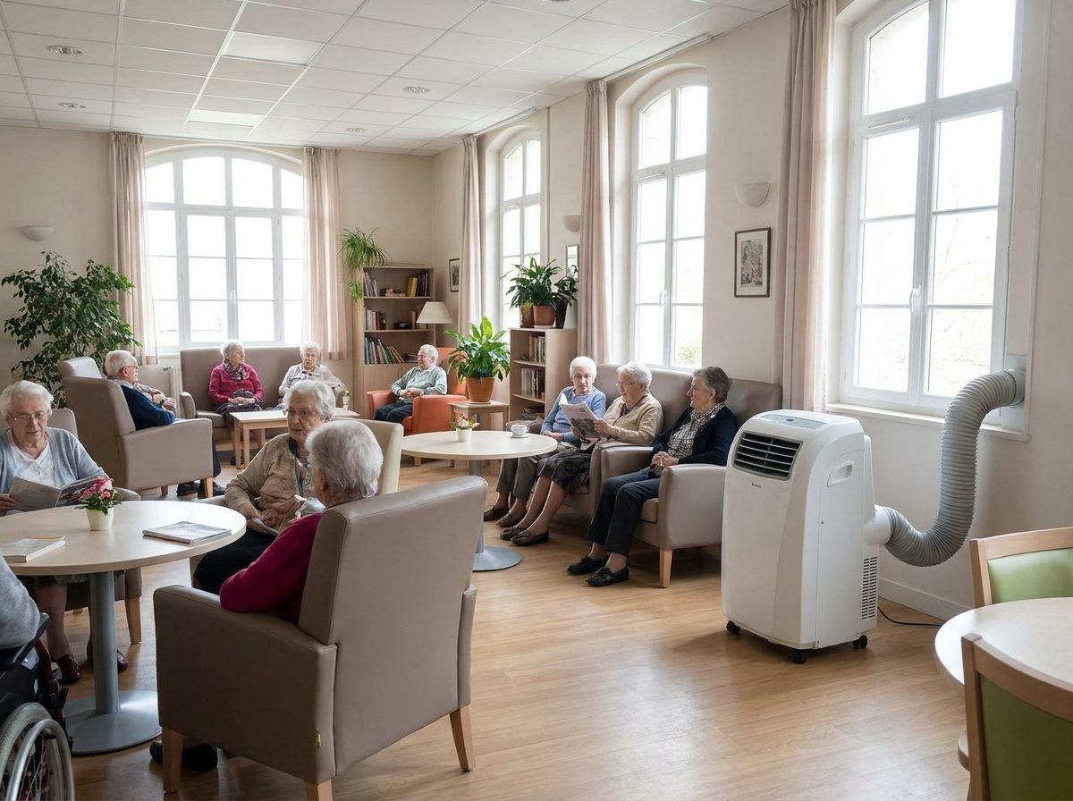 Grande salle commune d'EHPAD rafraîchie par un climatiseur mobile grande puissance